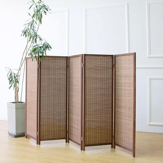 5 Panel Short Room Divider Screen,Brown Freestanding Partition,Small Bamboo Panel Divider for Room Seperation,3.95 FT Tall