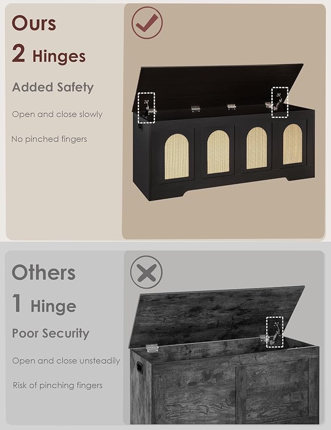 DINZI LVJ Storage Chest, 47.2" Rattan-Like Toy Box with 2 Safety Hinges, Wooden Entryway Storage Bench with Flip-Top, Large Trunk for Living Room, Bedroom, Easy Assembly, Espresso and Natural