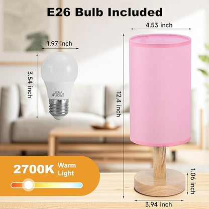 Pink Small Bedside Table Lamp for Bedroom,Natural Round Wood Base&Fabric Linen Shade,Cozy Night Table Light for Study Reading,Minimalist Boho Desk Lamp for Nightstand,Living Room,Nursery,Kitchen,Dorm