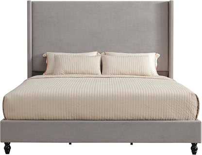 King Bed Frame with 65" Tall Headboard, Horizontal Fine Corduroy Bed Frame with Wingback, Upholstered Platform Bed, Vintage Solid Wood Gourd Legs, No Box Spring Needed, Gray