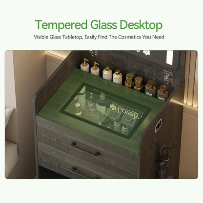 HNEBC HNEBCVanity Desk with Plip Top LED Mirror,3 in 1 Small Dressing Table Set with Visible Glass Desktop,Rustic Oaky Compact Vanity with 3 Drawers,Storage Compartment and Padded Stool,for Bedroom