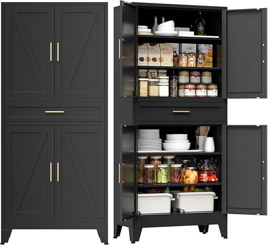 COFaR 71" Tall Metal Storage Cabinet with 4 Doors and 4 Adjustable Shelves, 6-Tier Farmhouse Storage Cabinet with Drawers and Legs, for Office, Home, Garage, Gym, School, Living Room, Hallway（Black）