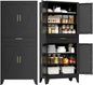 COFaR 71" Tall Metal Storage Cabinet with 4 Doors and 4 Adjustable Shelves, 6-Tier Farmhouse Storage Cabinet with Drawers and Legs, for Office, Home, Garage, Gym, School, Living Room, Hallway（Black）