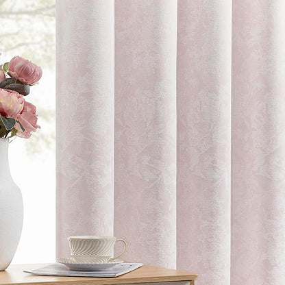 Beauoop Pink Floral Jacquard Blackout Curtains 108 Inches Long 2 Panels for Bedroom Living Room Chenille Flower Room Darkening Thermal Soundproof Grommet Window Treatments Drapes, 52x108