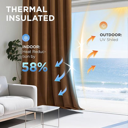 Joydeco Golden Brown 100% Blackout Curtains 108 Inch 2 Panels, Luxury Thermal Brown Velvet Curtains for Bedroom Living Room, Soundproof Blackout Window Drapes, Rod Pocket & Back Tab (52W x 108L)