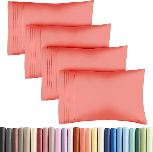 Queen Pillow Cases Set of 4 - Ultra Soft Hotel Quality Pillowcase Covers - Comfy, Cozy & Wrinkle Free - Shrinkage, Stain and Fade Resistant - Machine Washable Pillow Protectors - 4 Piece Set - Coral