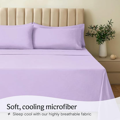LuxClub 4 PC King Sheet Set, Deep Pockets Wrinkle Free Cooling Bed Sheets Hotel Bedding for Women, Men, Includes 1 Fitted Sheet, 1 Flat Sheet and 2 Pillowcases-Soft Lavender