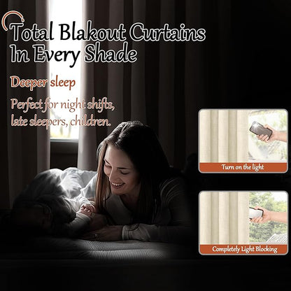 Cream 100% Blackout Curtains for Bedroom 63 Inch Length 2 Panels, Thermal Insulated Complete Light Blocking Noise Reducing Linen Window Curtains for Nursery, Bronze Grommet, Each 52" Wide