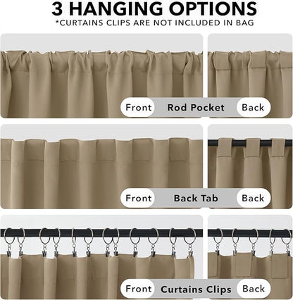 Deconovo Solid Back Tab and Rod Pocket Curtains Thermal Insulated Blackout Window Curtains for Kitchen 52Wx54L Inch Khaki 2 Panels