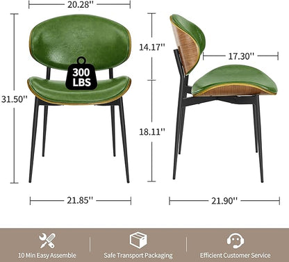 Art Leon Dining Chairs, Set of 2, Walnut Bentwood, Mid Century Modern Chair, Green Faux Leather Kitchen Dining Room Chairs, Accent Chairs for Bedroom