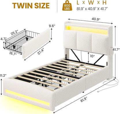 VIAGDO Twin Bed Frames with Storage Headboard and Charging Station, Boucle Upholstered Bed Frame Twin Size with 4 Drawers and LED Lights, Type C and USB, No Box Spring Needed, Cream White
