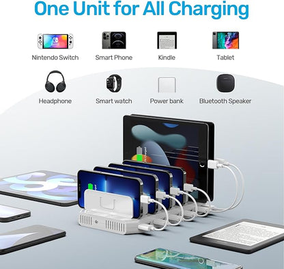 【5PCS】 Unitek Multi Charging Station, 10-Port USB Charger for Multiple Device with SmartIC Tech and Adjustable Dividers, Organizer Stand Compatible with iPad, Tablet, Kindle, iPhone - 5PCS, White