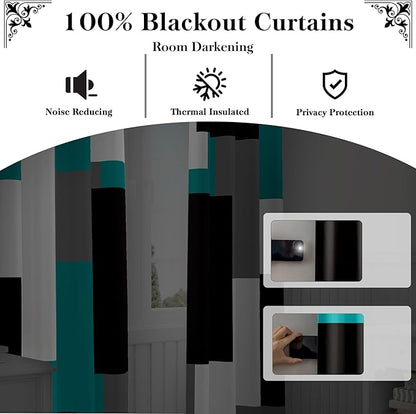 Teal/Turquoise 100% Blackout Curtains for Bedroom 108 inch Extra Long 2 Panels Set Black Grey Modern Abstract Geometric Black Out Curtains Room Darkening Window Drapes for Living Room, 52Wx108L