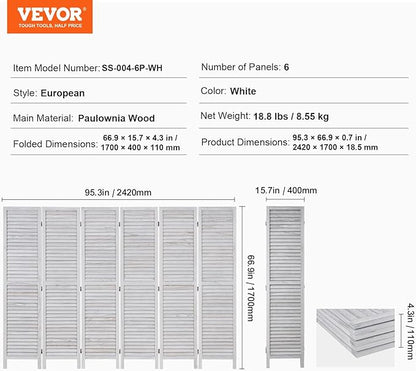 VEVOR Wood Room Divider, 6 Panel Wood Folding Privacy Screen, 66.9 Inches Tall Indoor Louvered Wooden Partition, Portable Decoration Screen, for Room Separation, Home, Office, Restaurant & Bedroom