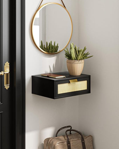 Floating Nightstand, Floating Shelf with Drawer, Wall Mounted Nightstand, Floating Bedside Table (Black Rattan)