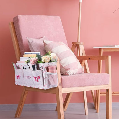Pink Bow Bedside Caddy, Cute Bow Bedside Organizer, Pink Coquette Aesthetic Hanging Storage Caddy Bag with Fixed Strap and Water Bottle Holder for Home, College, Dorm, Bunk, Hospital, Bed Rail