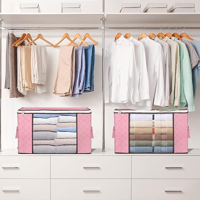 Budding Joy 90L Large Storage Bags, 4 Pack Clothes Storage Bins Foldable Closet Organizer Storage Containers Storage and Organization for Clothes, Blanket, Pillows and Toys (Pink)