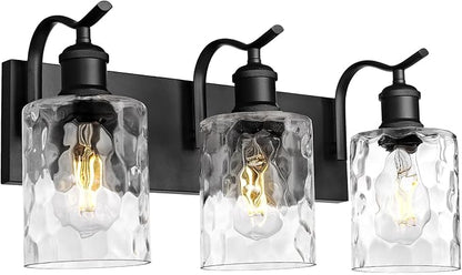 Bathroom Vanity Light Fixtures Over Mirror 3-Light Hammered Glass Wall Mounted Modern Black - VL01BKH-3