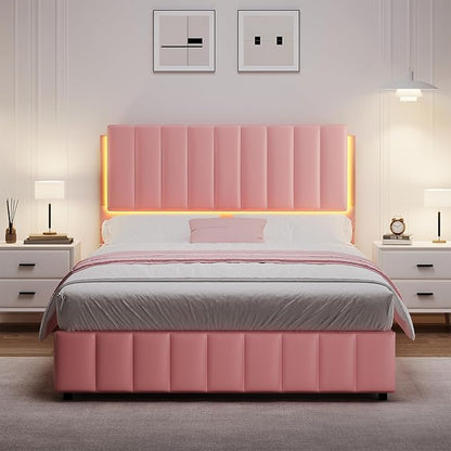 Pink Queen Bed Frame with Headboard and LED Lights, Modern Upholstered Faux Leather Platform Bed with Wooden Slats Support, No Box Spring Needed, Easy Assembly, Pink