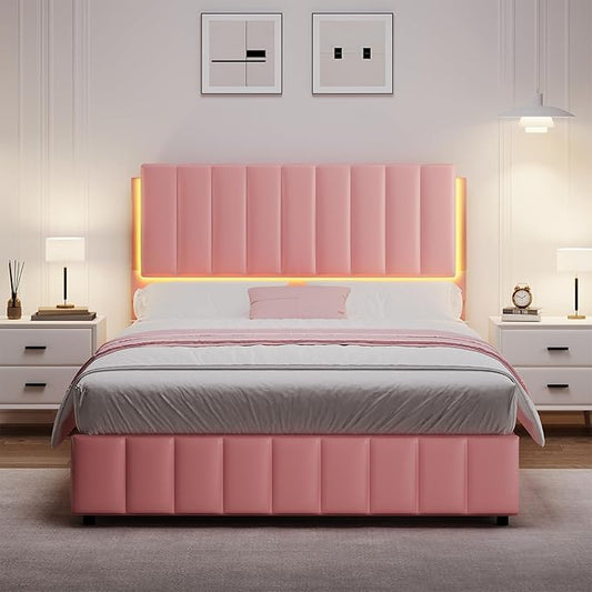 Pink Queen Bed Frame with Headboard and LED Lights, Modern Upholstered Faux Leather Platform Bed with Wooden Slats Support, No Box Spring Needed, Easy Assembly, Pink