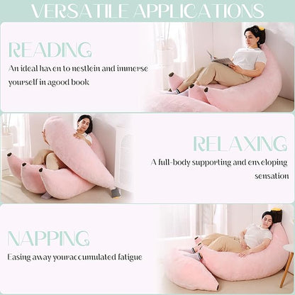 Banana Bean Bag Chair with Ottoman, Floor Sofa Bed with Footrest, Comfy Convertible Lounger for Adults, Plush Couch for Bedroom, Living Room or Dorm, L-Pink