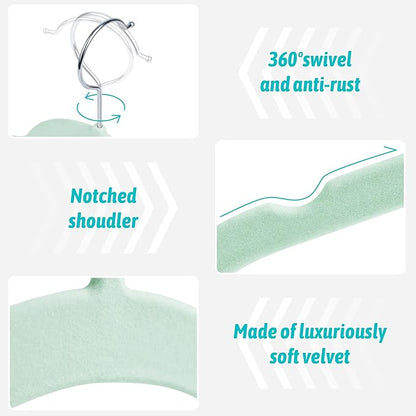 30 Pack Velvet Hangers – Non-Slip Slim Clothes Hangers with 360° Swivel Hook, Space-Saving Flocked Shirt Hangers for Coats, Dresses, Blouses, Suits(Green)