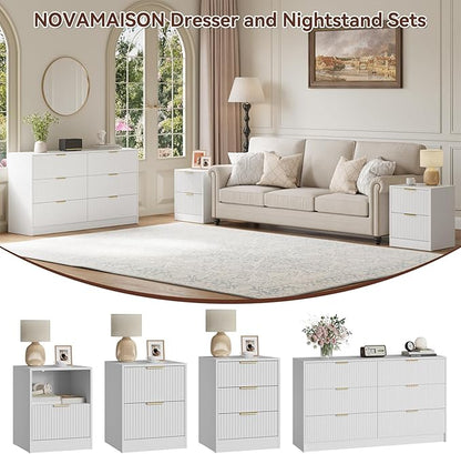 6 Drawer Dresser and Nightstand Set 3-Piece, 55” Wide Bedroom Dressers & Night Stand Set of 2 with Metal Handle, Fluted Modern Wood Chest of Drawers Storage Dressers Set for Bedroom, White