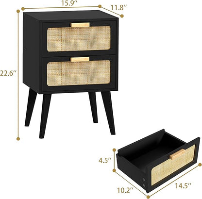 YAUKOMEL Rattan Nightstand Set of 2,Mid Century Modern Bedside Table with Storage,End Table,Side Table with 2 Hand Made Rattan Decorated Drawers for Livingroom, Bedroom, Black CTG59B-2