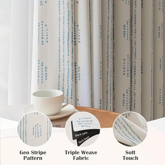 100% Boho Blackout Curtains 63 Inches Long for Bedroom, Blue on Beige Patterned Bohemian Curtains for Living Room, Geometric Striped Thermal Insulated Window Drapes Gromment Top 2 Panels