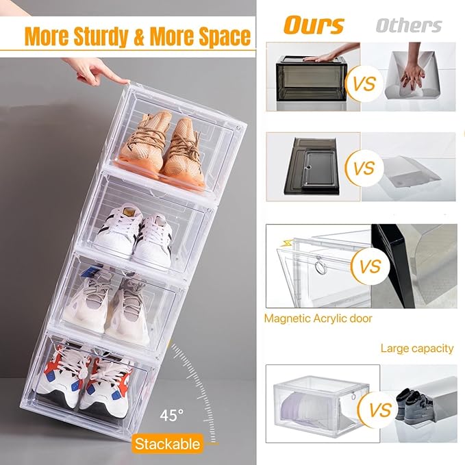 Attelite Clear Shoe Box, Plastic Stackable Shoe Storage Organizer with Magnetic Door,8 Pack Thicken Sturdy Drop Front Shoe Box,For Display Sneakers X Large