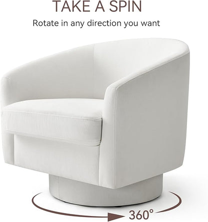 Swivel Barrel Accent Chair, Round Chenille Fabric Living Room Arm Chairs, Modern Upholstered Comfty Reading Nook Chairs for Bedroom, Small Club Armchair, Single Sofa Side Chair, White