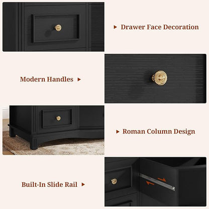 9-Drawer Chest, Wide Dresser with 3 Large Arc Fronts,Roman Column Decor, Spacious Bedroom Storage Furniture, 55 Inch Long (Black, 9 Drawer)