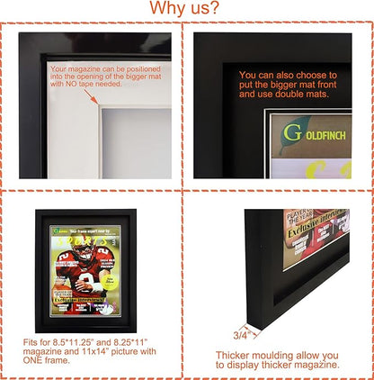 Goldfinch 4 Packs Sports Magazine Frame Displays Magazines Measuring 8.5 x 11.25 or 8.25 x 11 inches with Double Black Core Matting, Deep Frame Moulding, with Installed Hangers