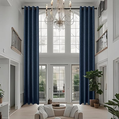 Extra Long Linen Curtains 144 inch Length 2 Panels Thick Faux Linen Blended Window Drapes Burlap Textured Curtains with Grommet for Living Room Farmhouse 12ft (52x144 Navy) Natural