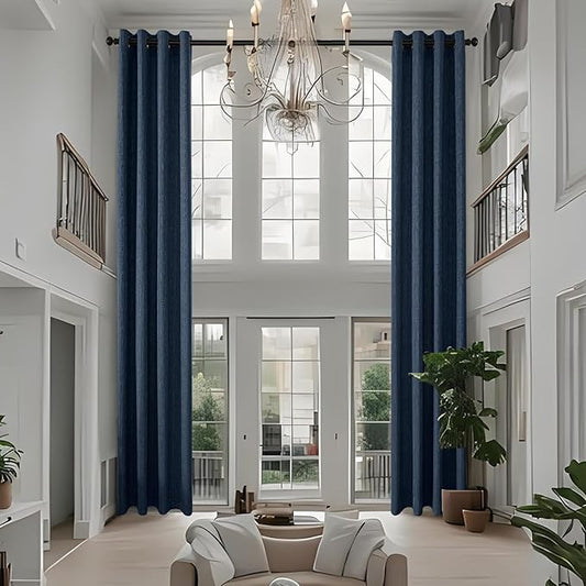 Extra Long Linen Curtains 144 inch Length 2 Panels Thick Faux Linen Blended Window Drapes Burlap Textured Curtains with Grommet for Living Room Farmhouse 12ft (52x144 Navy) Natural