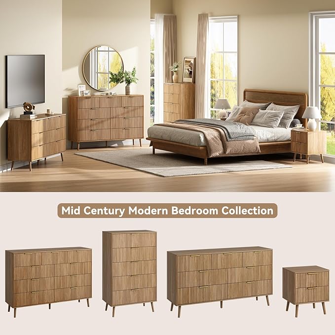 CARPETNAL Fluted 5 Drawers Dresser for Bedroom, 45" Tall Wooden Chest of Drawers with Rounded Corners, Gold Handles, Modern Storage Organizer for Bedroom, Hallway (Walnut)