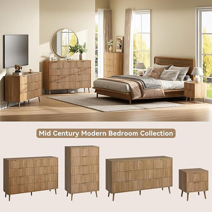 CARPETNAL Fluted 7 Drawer Dresser for Bedroom, 55" Wide Wooden Chest of Drawers with Rounded Corners, Gold Handles, Modern Storage Organizer for Bedroom, Hallway(Walnut)