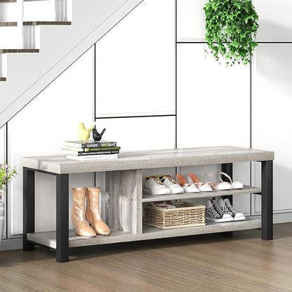 FOLUBAN Storage Bench, Vintage Wood Shoe Bench for Entryway Hallway, Industrial Indoor Shoe Rack Seat for Bedroom, Living Room, Light Grey, 43.3 Inch