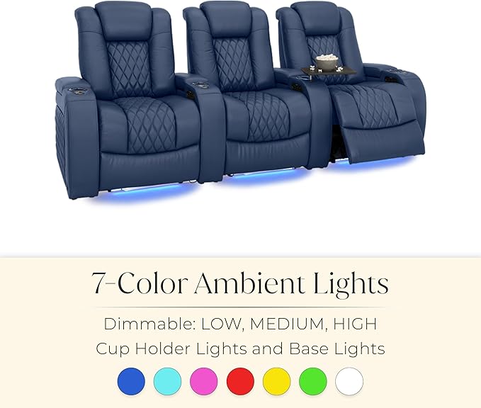Seatcraft Diamante Zero-Gravity CoolZero Italian Leather Home Theater Seating, Power Headrest, Power Recline, Row of 2 Loveseat, Navy Blue