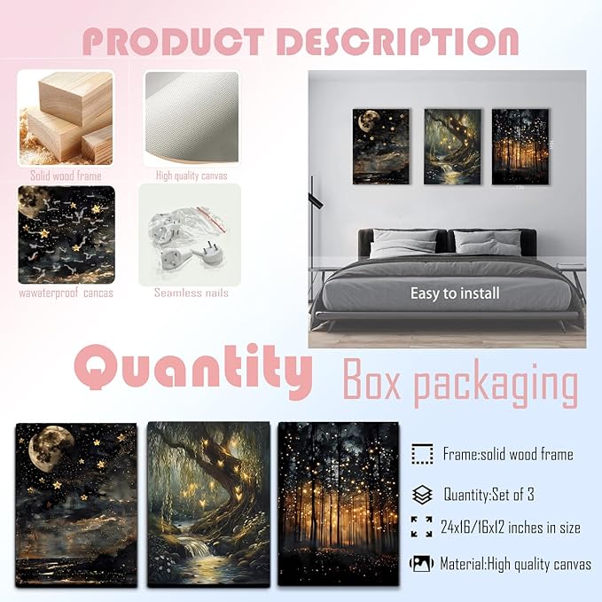 Tranquil Night Forest Framed Canvas Posters Set of 3 Wall art,Moon Fireflies Print Painting Home Décor Artwork,Creates Peaceful Ambiance Painting Artwork for Bedroom Living Room 16x24 inch Wood Framed
