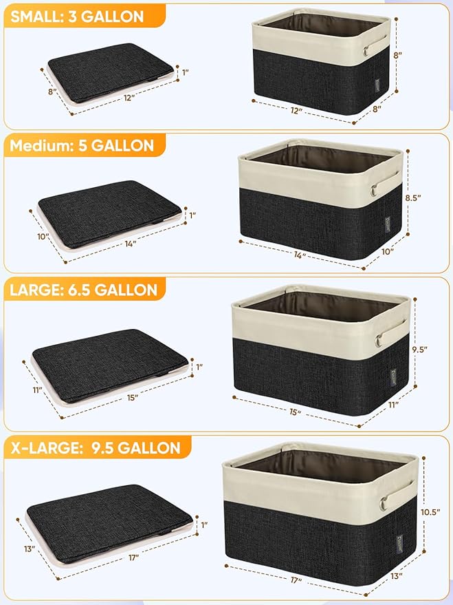 BALEINE 3 Pack Fabric Storage Bins for Shelves, Linen Storage Baskets for Organizing, Decorative Closet Bins for Clothes, Home (Black, 17''x13''x10.5'')
