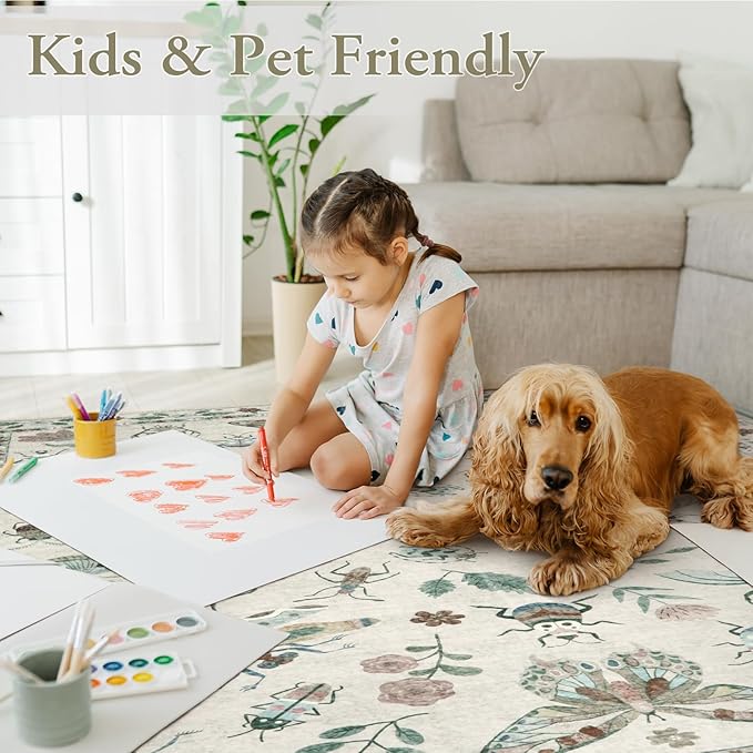 Lahome Insect 9x12 Area Rugs for Living Room Bedroom, Soft Washable Rugs 9x12 Stain Resistant, Ultra-Thin Non-Slip Dining Room Rug Non-Shedding Accent Carpet for Office(9x12ft,Beige)