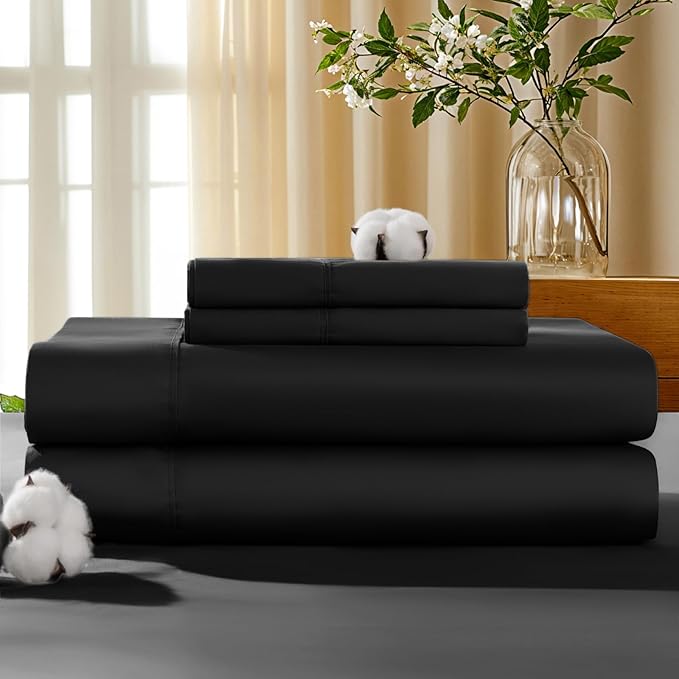 LBRO2M 100% Cotton Sheets Set Deep Pocket 19", 1000 Thread Count Queen Size 4 Piece Bed Sheet Sets Soft Comfortable Bedding All Season (Queen, Black)