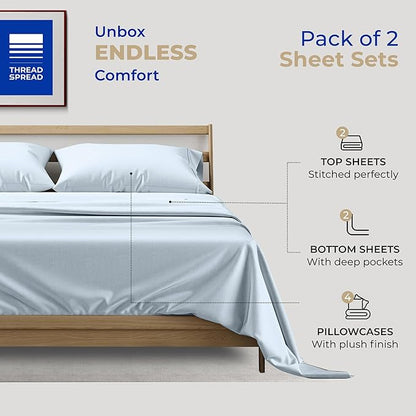 THREAD SPREAD 2-Pack Full Size Sheet Sets - 400 Thread Count 100% Cotton Sateen Weave - Extra Soft, Breathable, Hotel Quality Cooling Sheets, 2 Sets of Full Size Deep Pocket Bed Sheets (Light Blue)