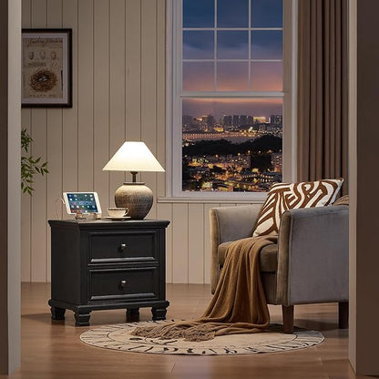 Farmhouse Nightstand with Charging Station, Rustic Low Night Stand with 2 Drawers, Mid-Century Modern End Table with 4 Square Solid Wood Legs, Small Dresser for Bedroom, Home, Black