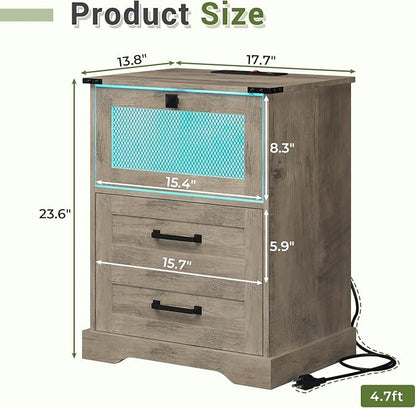 Hasuit Farmhouse Night Stand Set of 2 with LED Lights and Charging Station, Rustic Oak Nightstand with 2 Drawers, and Cubby with Wire Mesh Door, Bedside End Table for Bedroom