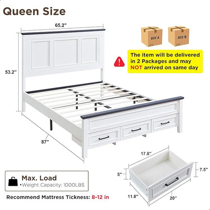 ACCOHOHO Farmhouse Queen Size Bed Frame with 52" Tall Headboard, Wood Platform Bedframe with Footboard and Storage Drawers, No Squeak, No Box Spring Needed, Off White