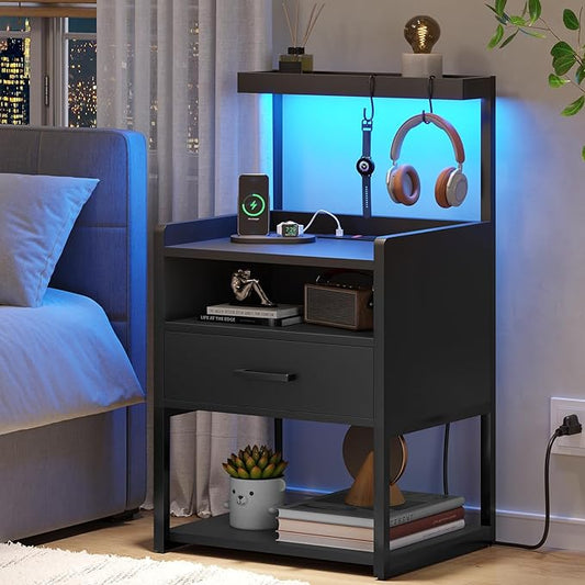 VIAGDO Nightstand with Charging Station and LED Lights, Black Night Stand with Drawer, Modern End Side Table with Open Storage Shelves, Bedside Tables for Bedroom, Office