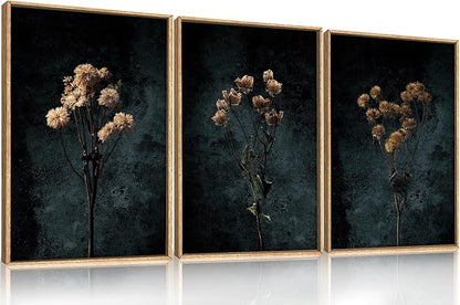 LHIUEM Dark Moody Wildflowers Framed Canvas Wall Art Set,Minimalist Wildflower Wall Decor,Vintage Black Flower Botanical Painting, Aesthetic Floral Artwork for Living Room,Bedroom,Office-24''x36''x3