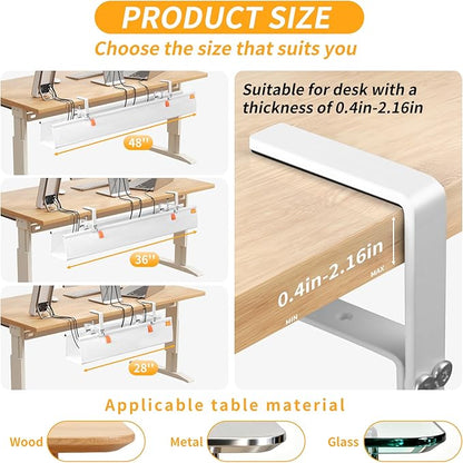 No Drill Under Desk Cable Management Tray, 36" Cord Organizer with Clamp, Fabric Cable Management for Standing Desks, Ideal for Home & Office - White